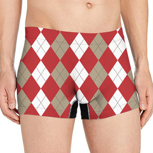 Beige Red And White Argyle Pattern Print Men's Boxer Briefs