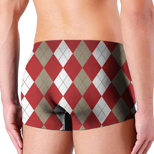 Beige Red And White Argyle Pattern Print Men's Boxer Briefs