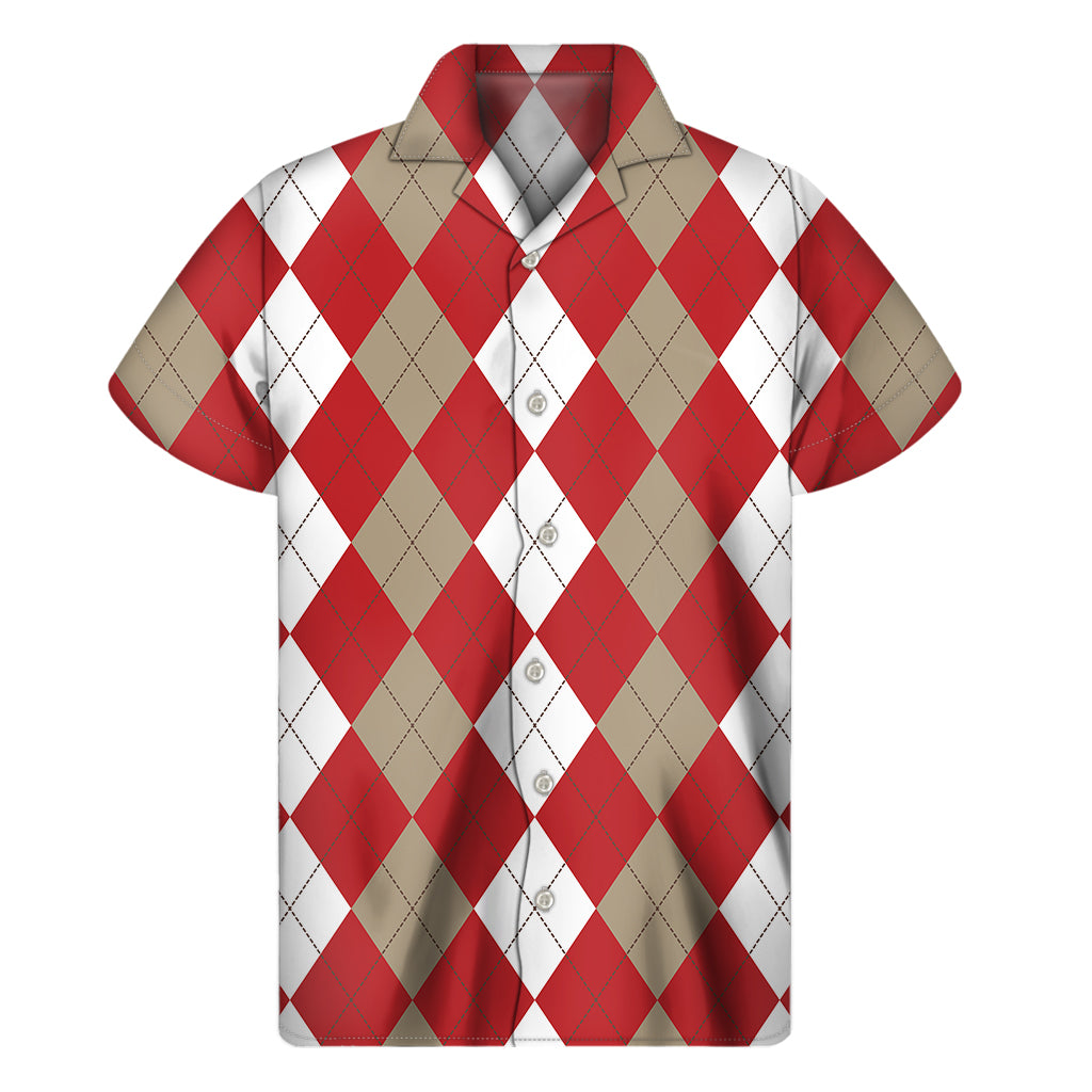 Beige Red And White Argyle Pattern Print Men's Short Sleeve Shirt