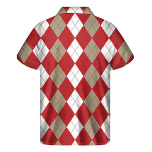 Beige Red And White Argyle Pattern Print Men's Short Sleeve Shirt