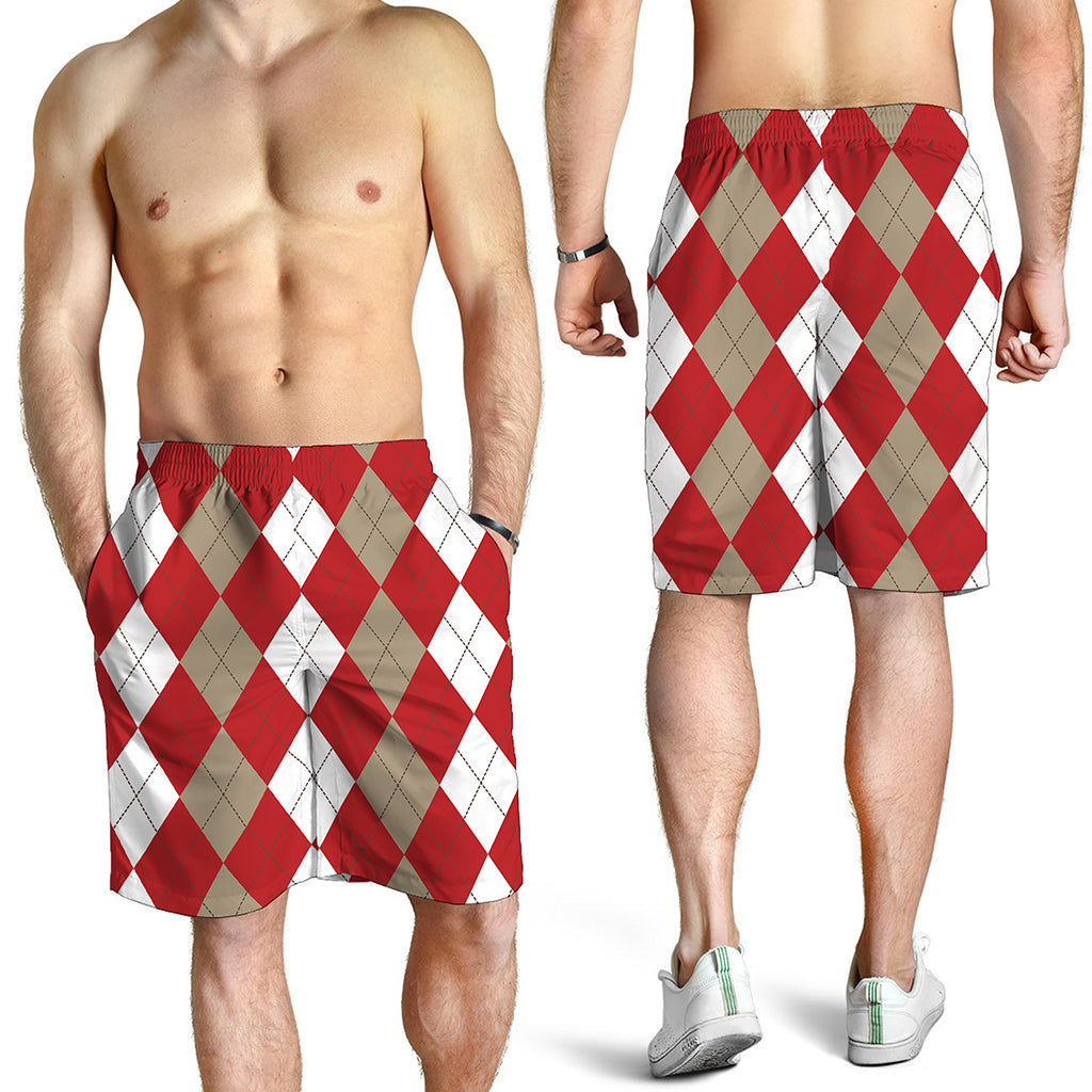 Beige Red And White Argyle Pattern Print Men's Shorts