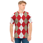 Beige Red And White Argyle Pattern Print Men's T-Shirt