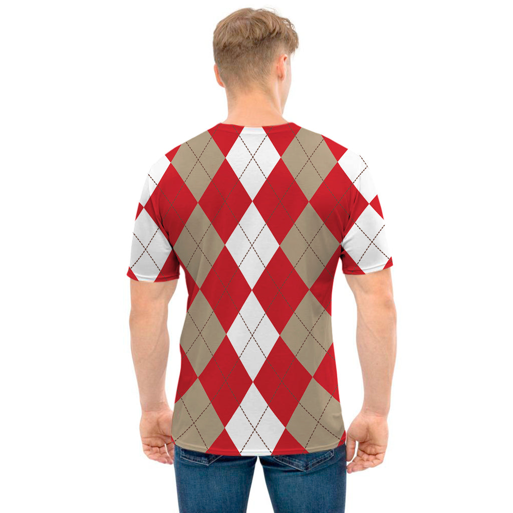 Beige Red And White Argyle Pattern Print Men's T-Shirt