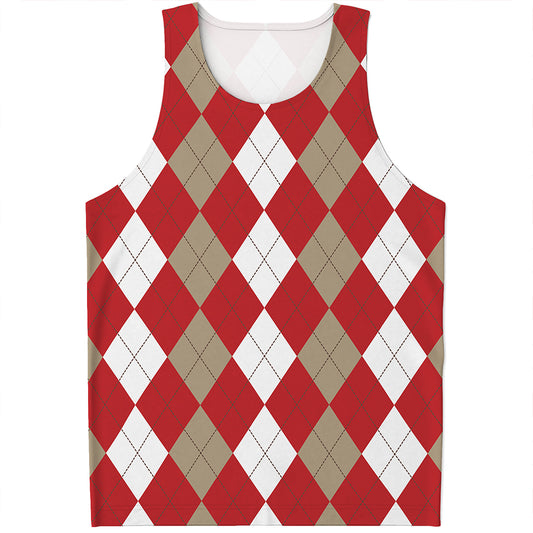 Beige Red And White Argyle Pattern Print Men's Tank Top