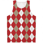 Beige Red And White Argyle Pattern Print Men's Tank Top