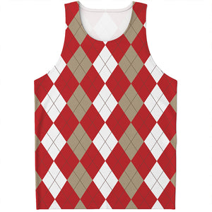 Beige Red And White Argyle Pattern Print Men's Tank Top