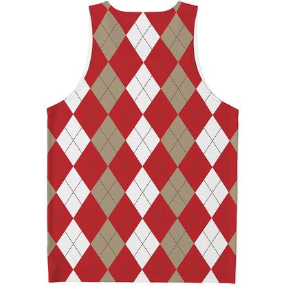 Beige Red And White Argyle Pattern Print Men's Tank Top