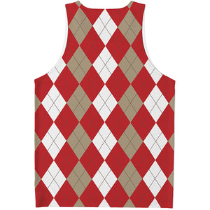 Beige Red And White Argyle Pattern Print Men's Tank Top