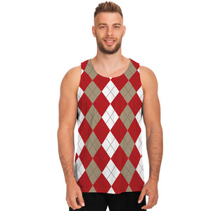 Beige Red And White Argyle Pattern Print Men's Tank Top