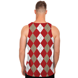 Beige Red And White Argyle Pattern Print Men's Tank Top