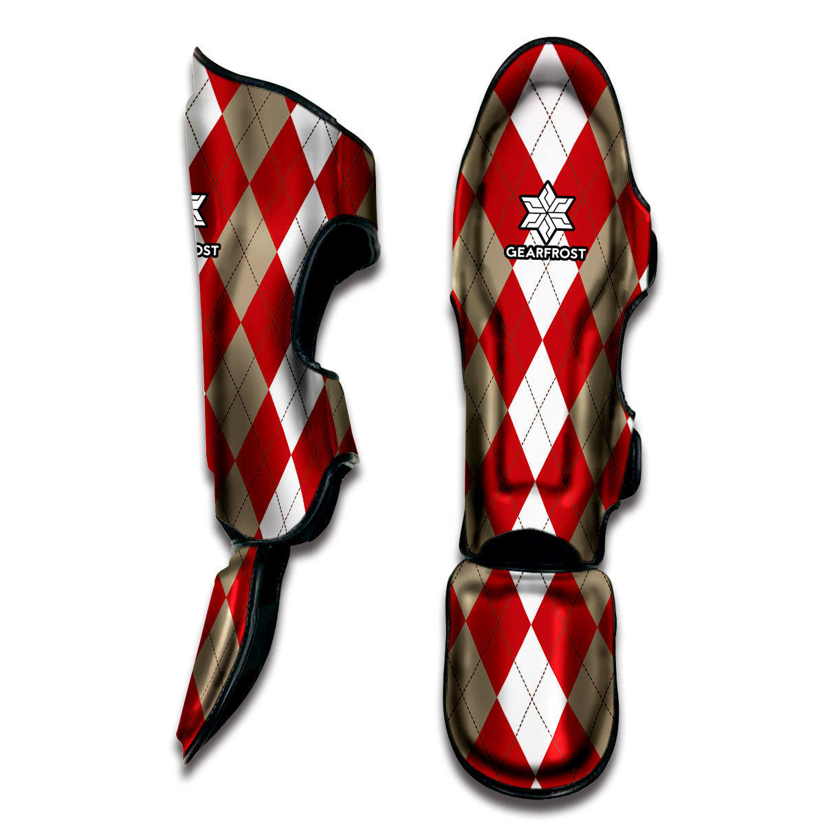 Beige Red And White Argyle Pattern Print Muay Thai Shin Guard