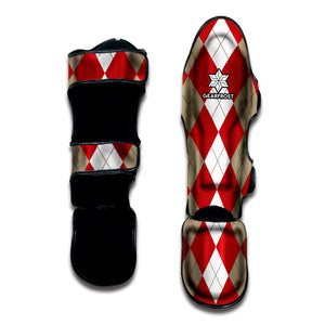 Beige Red And White Argyle Pattern Print Muay Thai Shin Guard