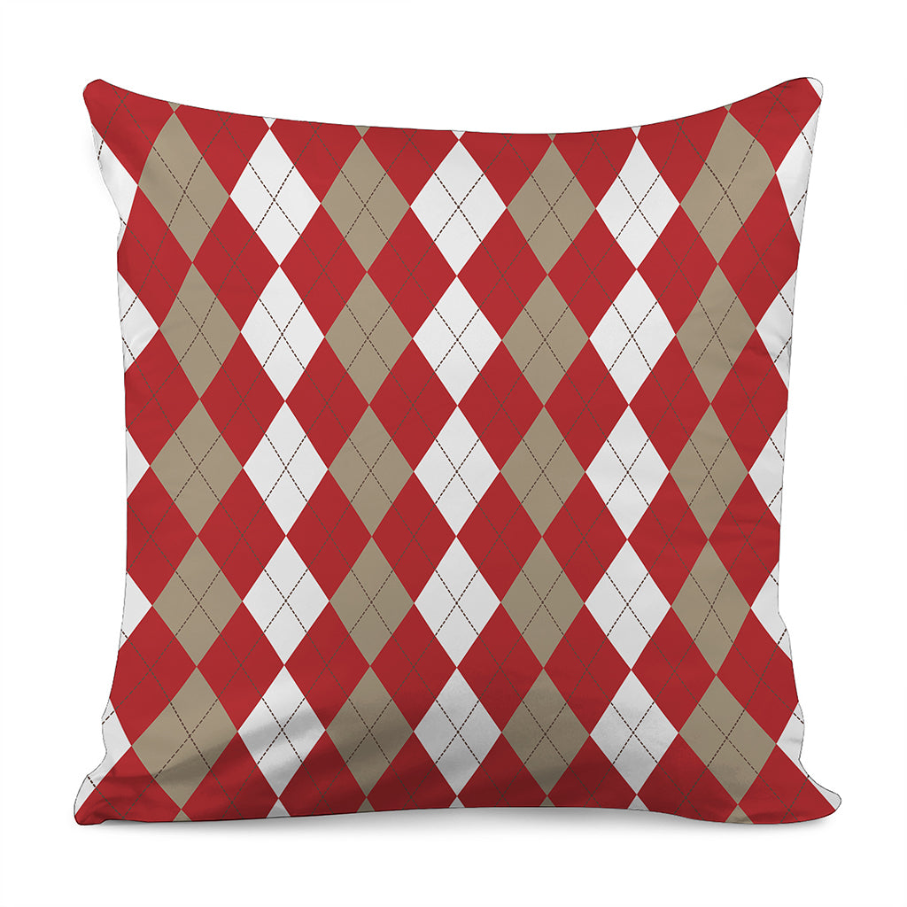 Beige Red And White Argyle Pattern Print Pillow Cover