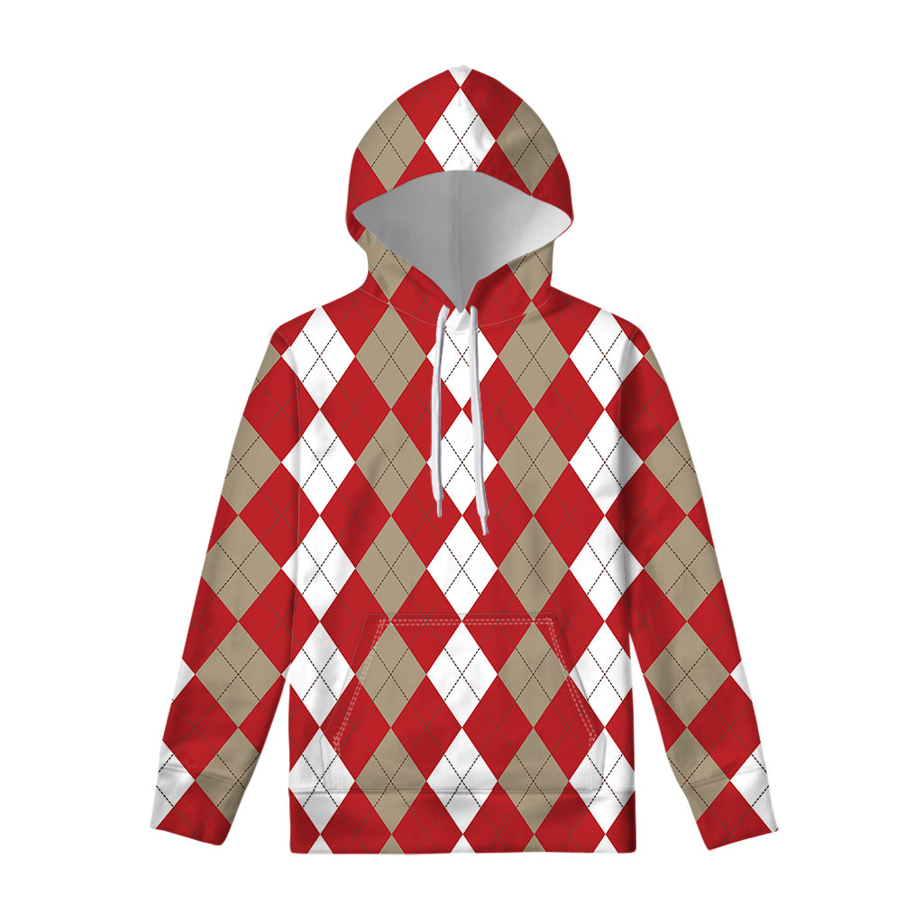 Beige Red And White Argyle Pattern Print Pullover Hoodie