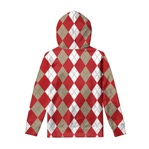 Beige Red And White Argyle Pattern Print Pullover Hoodie