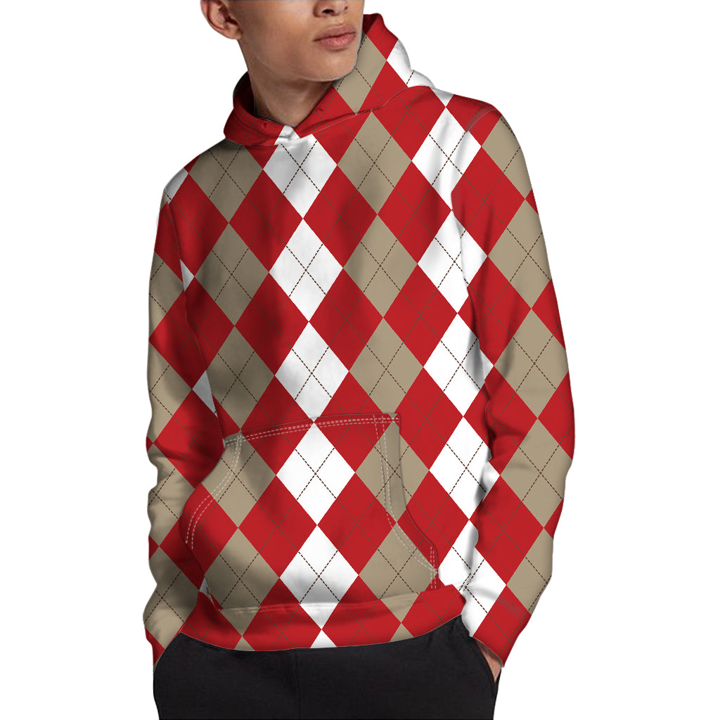 Beige Red And White Argyle Pattern Print Pullover Hoodie