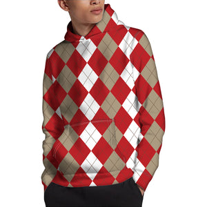 Beige Red And White Argyle Pattern Print Pullover Hoodie