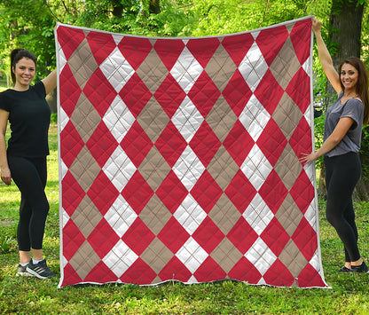 Beige Red And White Argyle Pattern Print Quilt