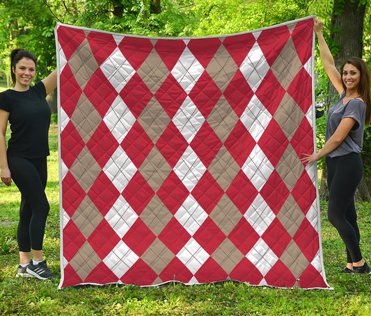 Beige Red And White Argyle Pattern Print Quilt