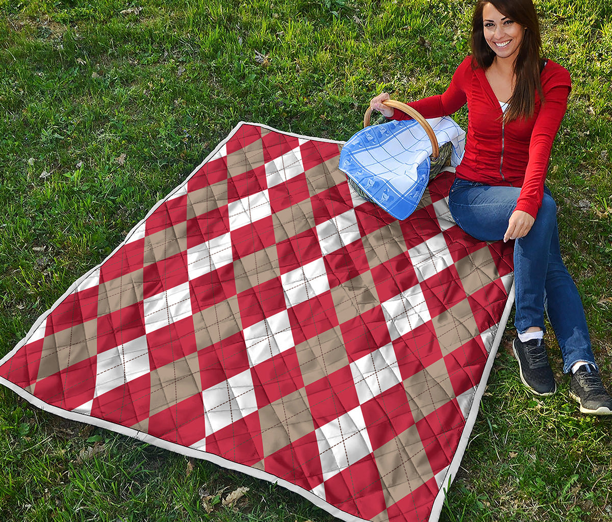 Beige Red And White Argyle Pattern Print Quilt