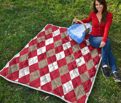 Beige Red And White Argyle Pattern Print Quilt