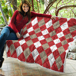 Beige Red And White Argyle Pattern Print Quilt