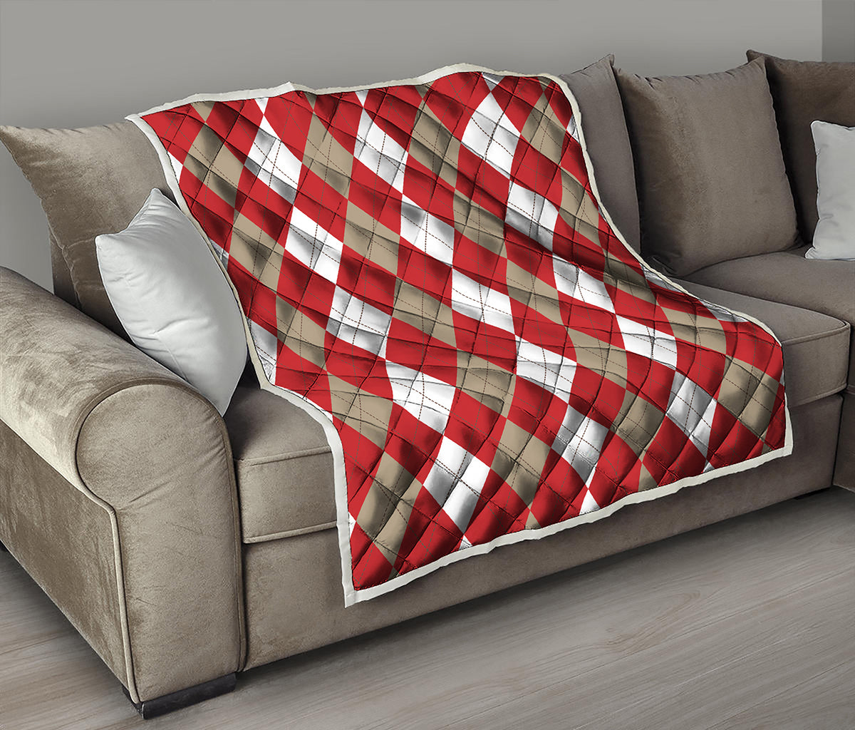 Beige Red And White Argyle Pattern Print Quilt