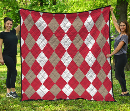 Beige Red And White Argyle Pattern Print Quilt