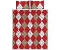 Beige Red And White Argyle Pattern Print Quilt Bed Set