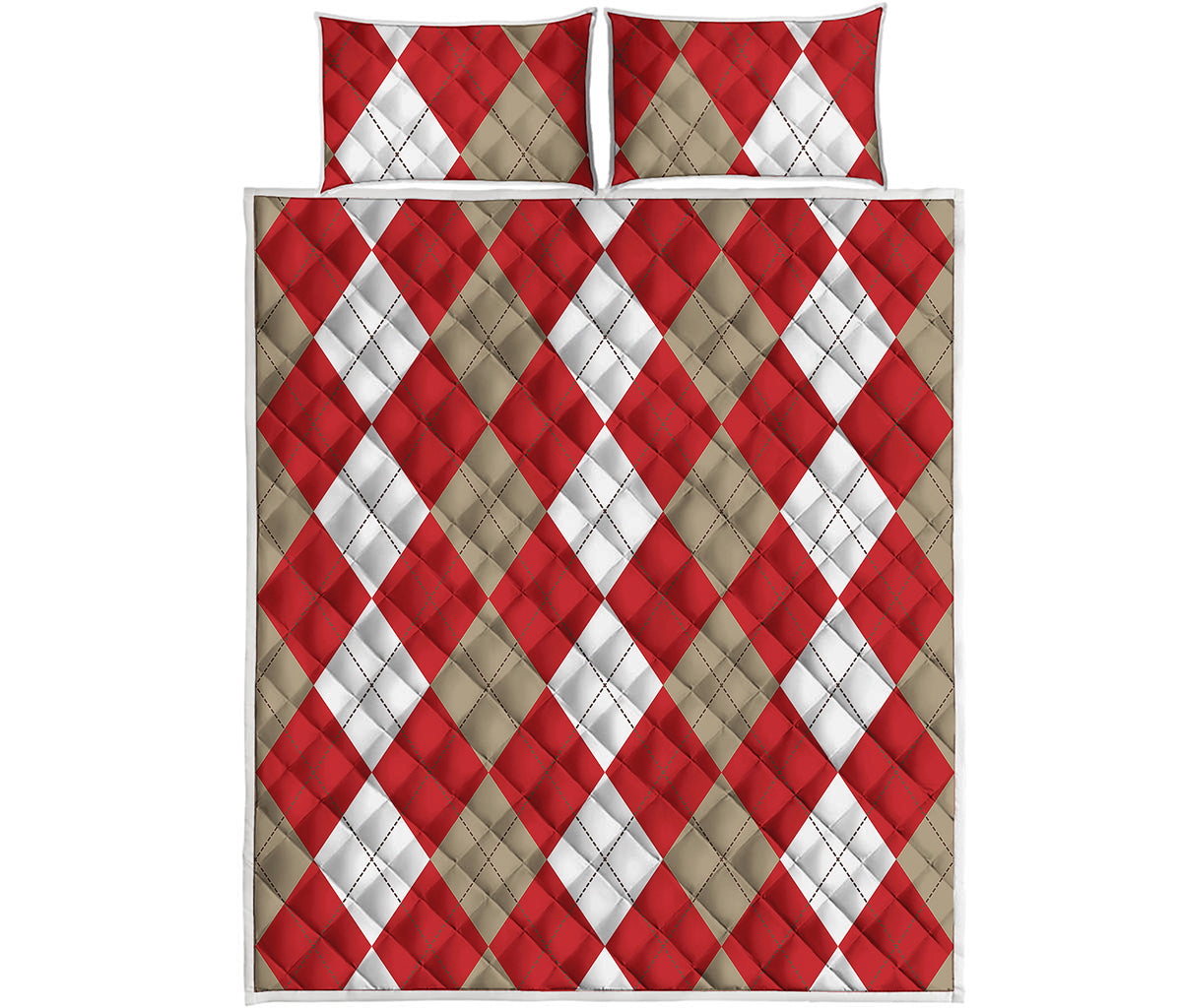 Beige Red And White Argyle Pattern Print Quilt Bed Set