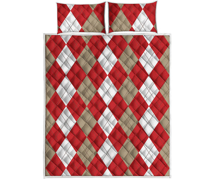Beige Red And White Argyle Pattern Print Quilt Bed Set