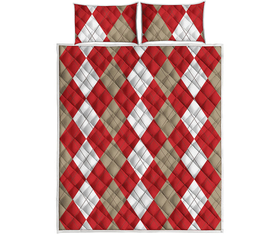 Beige Red And White Argyle Pattern Print Quilt Bed Set