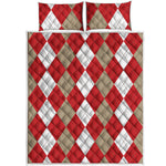 Beige Red And White Argyle Pattern Print Quilt Bed Set