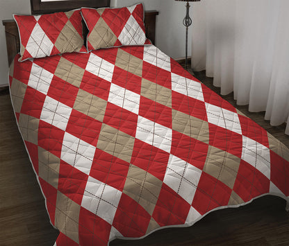 Beige Red And White Argyle Pattern Print Quilt Bed Set