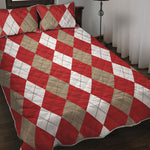 Beige Red And White Argyle Pattern Print Quilt Bed Set