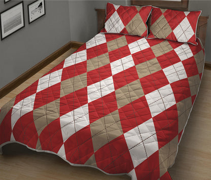 Beige Red And White Argyle Pattern Print Quilt Bed Set