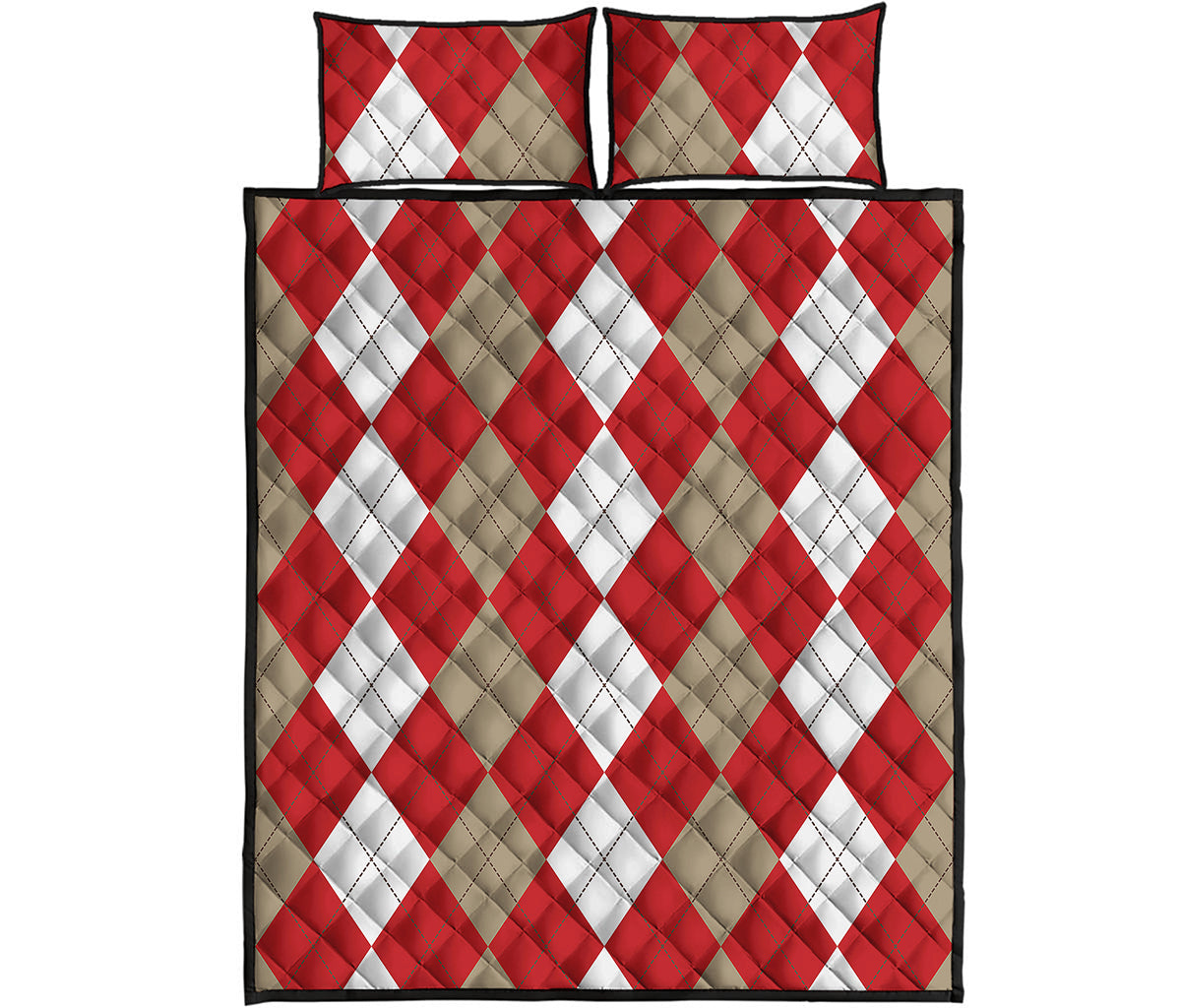 Beige Red And White Argyle Pattern Print Quilt Bed Set