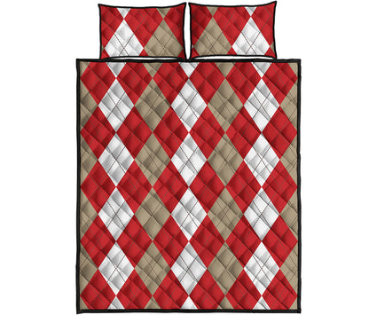 Beige Red And White Argyle Pattern Print Quilt Bed Set