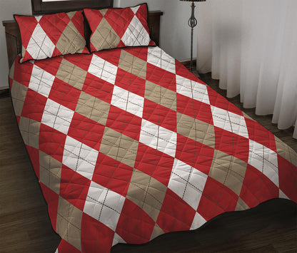 Beige Red And White Argyle Pattern Print Quilt Bed Set