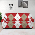 Beige Red And White Argyle Pattern Print Sofa Cover