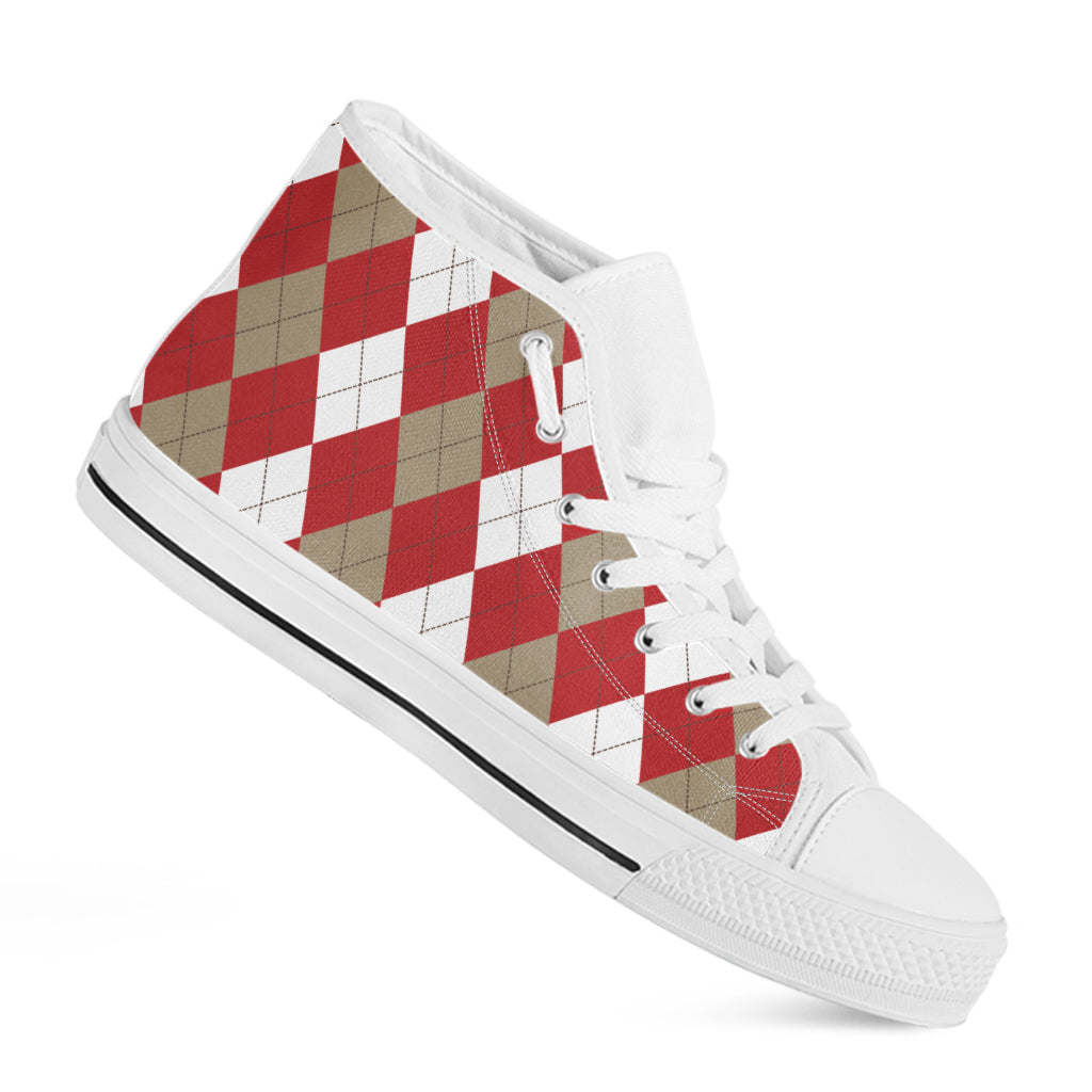 Beige Red And White Argyle Pattern Print White High Top Shoes