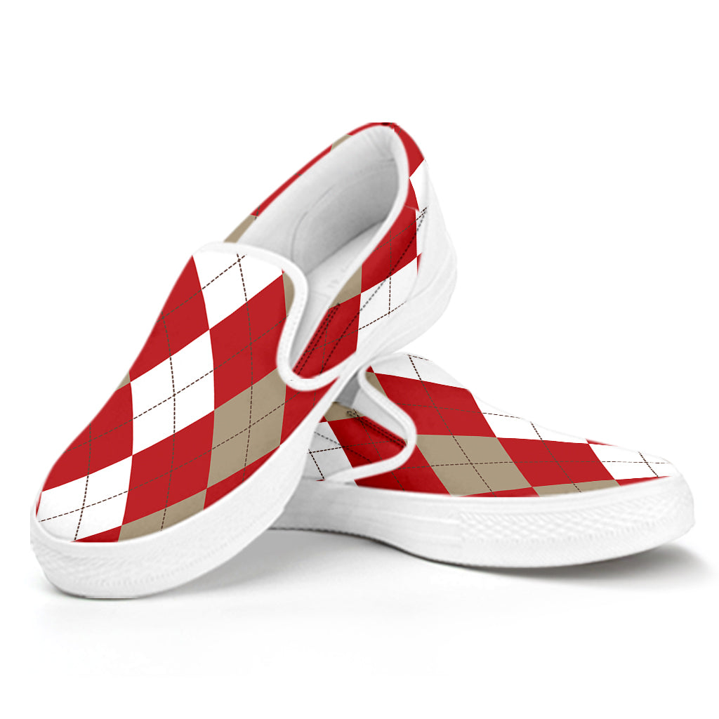 Beige Red And White Argyle Pattern Print White Slip On Shoes