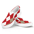 Beige Red And White Argyle Pattern Print White Slip On Sneakers