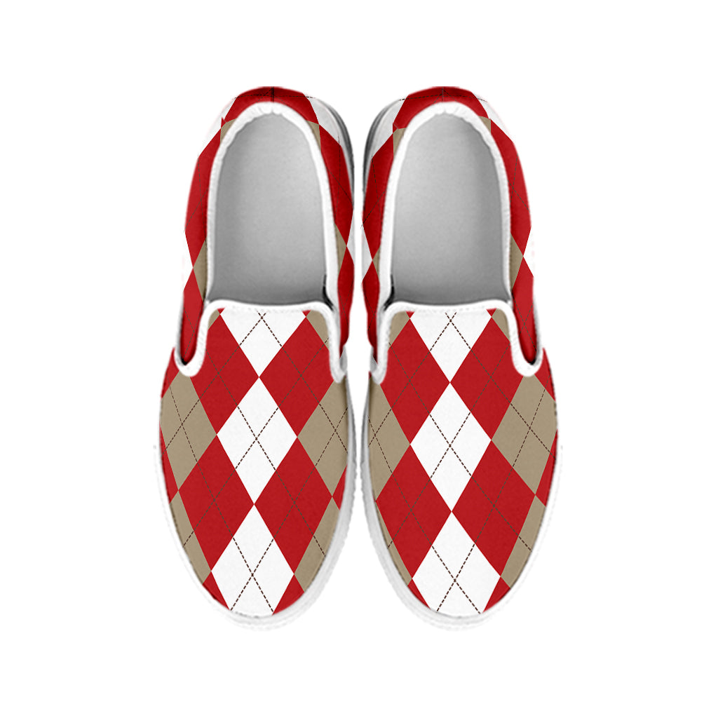 Beige Red And White Argyle Pattern Print White Slip On Shoes