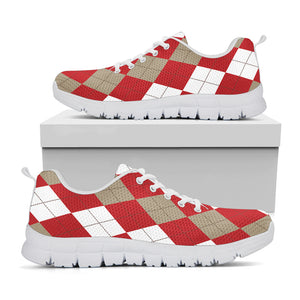 Beige Red And White Argyle Pattern Print White Sneakers