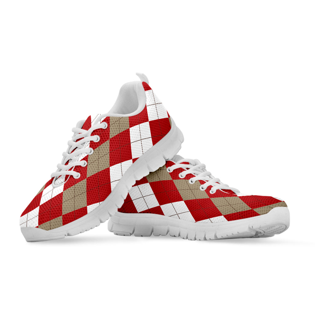 Beige Red And White Argyle Pattern Print White Sneakers