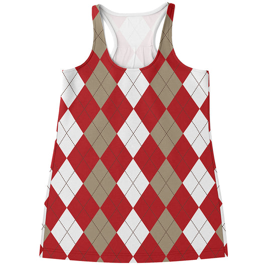 Beige Red And White Argyle Pattern Print Women's Racerback Tank Top