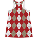Beige Red And White Argyle Pattern Print Women's Racerback Tank Top