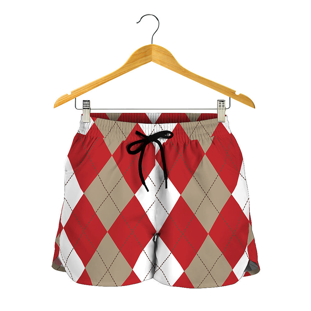 Beige Red And White Argyle Pattern Print Women's Shorts