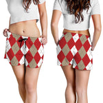 Beige Red And White Argyle Pattern Print Women's Shorts